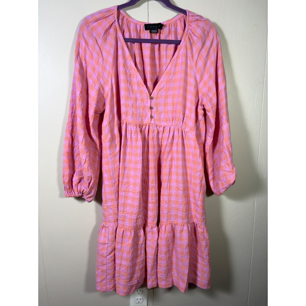 HATCH Maternity Pink Orange Gingham Cotton V-Neck Tiered Mini Dress Size 2